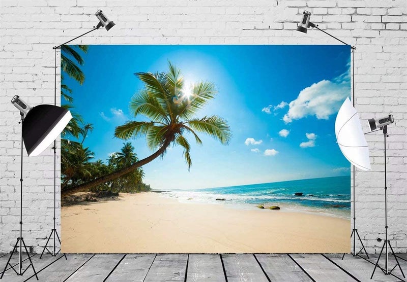 BELECO 9x6ft Fabric Tropical Beach Backdrop Tropical Sand Beach with Palm Trees Ocean Summer Hawaii Phtography Backdrop for Luau Party Decoration Birthday Banner Photoshoot Photo Background Props - Image 3